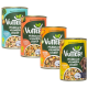 Vier Dosen Vutter Hundefutter, gekennzeichnet als vegan und pflanzenbasiert, mit den Geschmacksrichtungen: Fisch, Truthahn, Rind & Huhn und Huhn.
