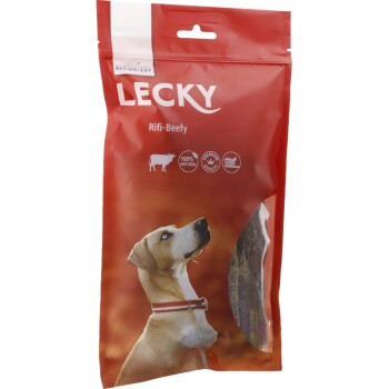 Emballage rouge pour les friandises pour chiens Lecky Rifi-Beefy présentant un chien regardant vers le haut, avec des icônes indiquant 100% naturel et qualité premium.