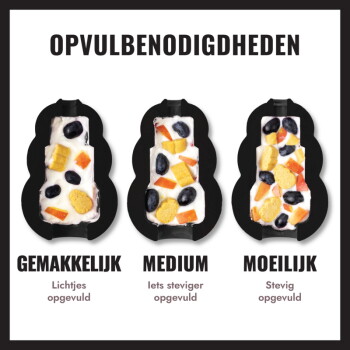 Drie zwarte traktatievormpjes gevuld met yoghurt en brokjes, gelabeld 'OPVULBENODIGDHEDEN'; 'GEMAKKELIJK', 'MEDIUM', 'MOEILIJK'