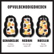 Drie zwarte traktatievormpjes gevuld met yoghurt en brokjes, gelabeld 'OPVULBENODIGDHEDEN'; 'GEMAKKELIJK', 'MEDIUM', 'MOEILIJK'