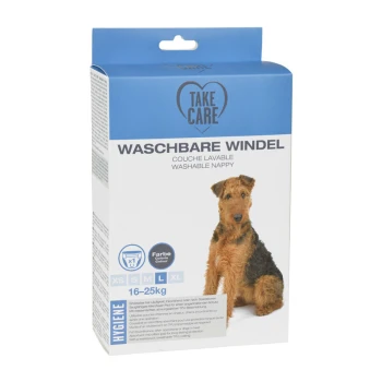 Verpackung für eine waschbare Hundewindel, beschriftet mit 'Waschbare Windel', geeignet für Hunde mit einem Gewicht von 16-25 kg, mit Größenoptionen XS, S, M, L, XL.