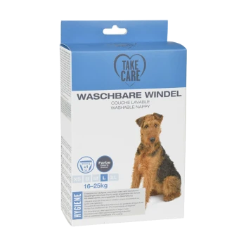 Verpackung für eine waschbare Hundewindel, beschriftet mit 'Waschbare Windel', geeignet für Hunde mit einem Gewicht von 16-25 kg, mit Größenoptionen XS, S, M, L, XL.