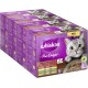 Whiskas Pure Delight kattenvoer verpakking met een grijze tabby, 12 gelatineporties in rundvlees, kip, lam en gevogelte smaken.