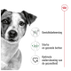 Hond afbeelding met tekst: 'Gewichtsbeheersing,' 'Sterke en gezonde botten,' 'Optimale gezondheid.'