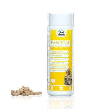 Flasche mit Nahrungsergänzungsmitteln für Haustiere mit gelbem Etikett, das eine Hund- und Katzenillustration zeigt und B-Vitamine sowie Verdauungsunterstützung fördert.