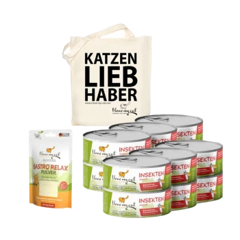Eine Tragetasche beschriftet mit "KATZEN LIEB HABER," "Gadaro Relax" Behälter und "INSEKTEN" Dosen von "I love my cat."
