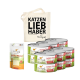 Eine Tragetasche beschriftet mit "KATZEN LIEB HABER," "Gadaro Relax" Behälter und "INSEKTEN" Dosen von "I love my cat."