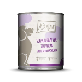6x800 g Dinde et petites carottes 6x800 g Nourriture en conserve pour chiens étiquetée "Mjamjam Schmackhafter Truthahn an leckeren Möhrchen," présentant une silhouette de chien gris et des accents violets.