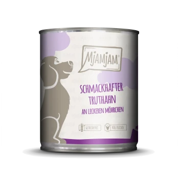 Blikvoeding voor honden gelabeld 'Mjamjam Schmackhafter Truthahn an leckeren Möhrchen,' met een grijs honden-silhouet en paarse accenten.