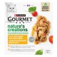 Boîte Purina GOURMET Nature's Creations, chat blanc à poil long, mini filets de poulet, étiquette « Cuit lentement »