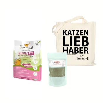 Ein Beutel "I love my cat" Hühnerfutter, ein grünes "Shimu Slim" Ergänzungsmittel und eine Tragetasche mit der Aufschrift "KATZEN LIEB HABER."