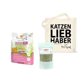 Ein Beutel "I love my cat" Hühnerfutter, ein grünes "Shimu Slim" Ergänzungsmittel und eine Tragetasche mit der Aufschrift "KATZEN LIEB HABER."