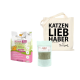 Ein Beutel "I love my cat" Hühnerfutter, ein grünes "Shimu Slim" Ergänzungsmittel und eine Tragetasche mit der Aufschrift "KATZEN LIEB HABER."