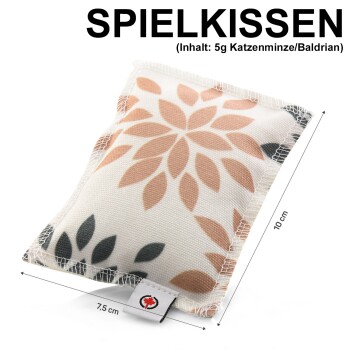 Katzenminze-Spielkissen mit floralem Design, Maße: 10 cm x 7,5 cm, enthält 5 g Katzenminze/Baldrian.