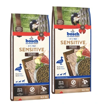 Bosch Sensitive Hundefutterverpackung mit frischer Ente und Kartoffel, mit 21,5% Protein, 12,5% Fett und 45% Entenanteil.