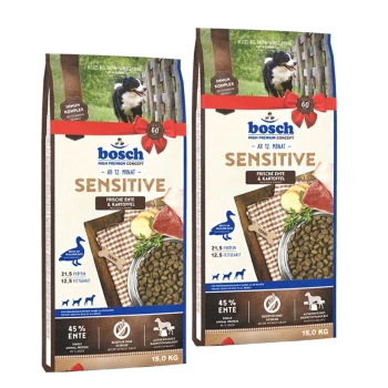 Bosch Sensitive Hundefutterverpackung mit frischer Ente und Kartoffel, mit 21,5% Protein, 12,5% Fett und 45% Entenanteil.
