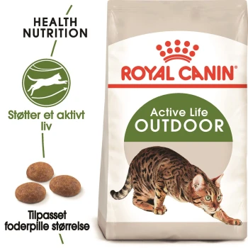 Royal Canin Active Life Outdoor Katzenfutterbeutel mit einer Bengal-Katzenillustration, mit Text, der die gesunde Ernährung und die Größe der Kroketten hervorhebt.