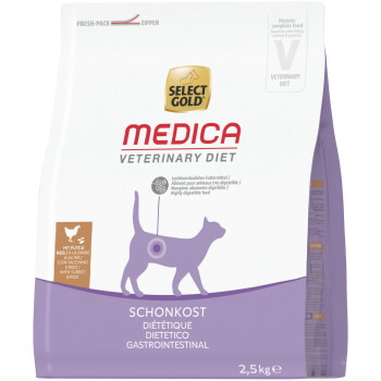 Select Gold MEDICA Veterinary Diet Katzenfutter, violette Katzensilhouette mit Magen-Darm-Zielscheibe, Schonkost (diätetisch), 2,5 kg.