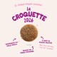 Une croquette ronde centrée avec le titre « La CROQUETTE 2026 » et de petites étiquettes sur la taille, les fibres et la viande fraîche.