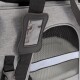 Graue Haustiertrage mit einem Netzfenster, verstellbarem Gurt und einem klaren ID-Halter.