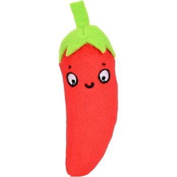 Un mignon jouet en peluche en forme de piment rouge avec un dessus vert, comportant des yeux brodés et une bouche souriante.