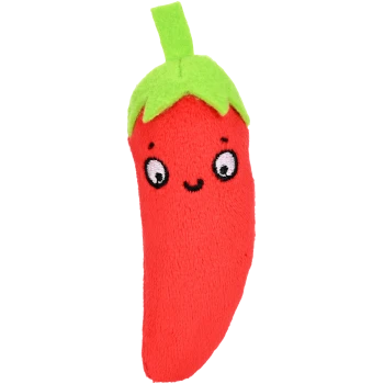 Ein niedliches Plüschtier in Form einer roten Chilischote mit einem grünen Oberteil, mit gestickten Augen und einem lächelnden Mund.