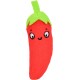 A cute plush toy shaped like a red chili pepper with a green top, featuring embroidered eyes and a smiling mouth.