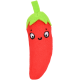 A cute plush toy shaped like a red chili pepper with a green top, featuring embroidered eyes and a smiling mouth.