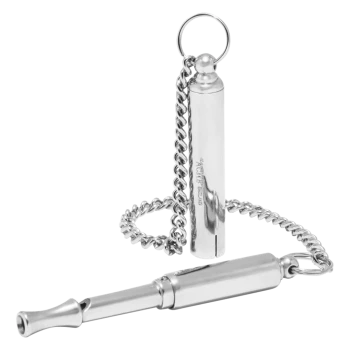 Silberne Metall-Hundetrainingspfeife mit Kette und Schlüsselring, graviert mit dem Text "ACME Thunderer".