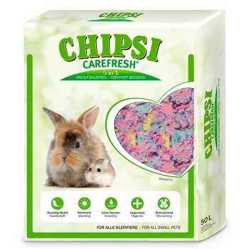 Eine Tüte CHIPS! CAREFRESH 5 in 1 Einstreu für kleine Haustiere, mit einem Hasen und einer Maus auf der Vorderseite, mit buntem Konfetti-Einstreu sichtbar.