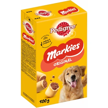 Une boîte jaune de friandises pour chiens Pedigree Markies Original, présentant un golden retriever heureux et des images des friandises à l'intérieur.