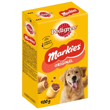 Une boîte jaune de friandises pour chiens Pedigree Markies Original, présentant un golden retriever heureux et des images des friandises à l'intérieur.