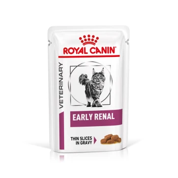 Royal Canin Early Renal kattenvoer zakje met een grijze tabby kat, gelabeld 'Dunne plakken in jus' met een veterinaire aanduiding.