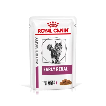 Royal Canin Early Renal Katzenfutterbeutel mit einer grauen getigerten Katze, beschriftet mit "Dünne Scheiben in Soße" mit einer veterinärmedizinischen Bezeichnung.