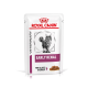 Royal Canin Early Renal Katzenfutterbeutel mit einer grauen getigerten Katze, beschriftet mit "Dünne Scheiben in Soße" mit einer veterinärmedizinischen Bezeichnung.