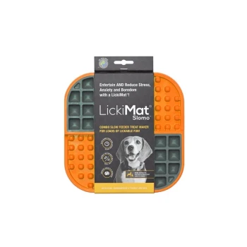 LickiMat Slomo pet feeding mat in orange and gray, designed to entertain pets and reduce stress, featuring a combo slow feeder treat maker.