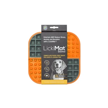 LickiMat Slomo pet feeding mat in orange and gray, designed to entertain pets and reduce stress, featuring a combo slow feeder treat maker.