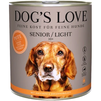 Dosenfutter für Hunde von Dog's Love, beschriftet mit "Senior/Light," mit Truthahn als Hauptzutat, mit Nährwertinformationen.