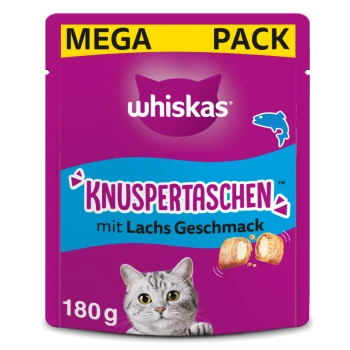 Whiskas 'Mega Pack' Knuspertaschen kattenlekkernij zakje, met zalmsmaak, 180 g, paars met afbeelding van een kat.
