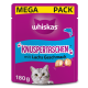 Whiskas 'Mega Pack' Knuspertaschen Katzenleckerlis Beutel, mit Lachs-Geschmack, 180 g, lila mit Katzenbild.