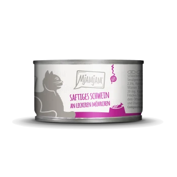 Mjamjam kattenvoerblik met 'Saftiges Schwein an leckeren Möhrchen' met een speelse kattensilhouet en kleurrijk ontwerp.