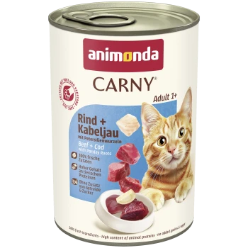 Dose Animonda CARNY Katzenfutter mit Aufschrift 'Rind + Kabeljau / Beef + Cod, Adult 1+' mit getigerter Katze und Fleischstücken