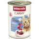 Boîte d'Animonda CARNY pour chat étiquetée «Rind + Kabeljau / Beef + Cod, Adult 1+» montrant un chat tigré et morceaux de viande.