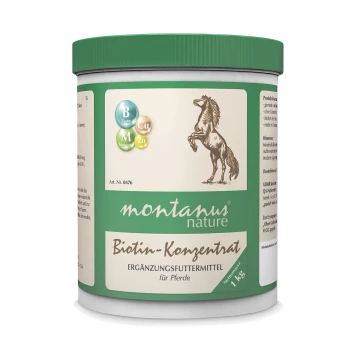 Behälter mit montanus Biotin-Konzentrat für Pferde, mit einer Pferdeillustration und Symbolen für Biotin, Mangan, Kupfer und Zink.