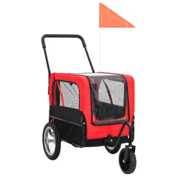 Roter Haustierwagen mit einem Netz vorne, schwarzen Akzenten und einer Sicherheitsflagge, entworfen für den komfortablen Transport kleiner Haustiere.