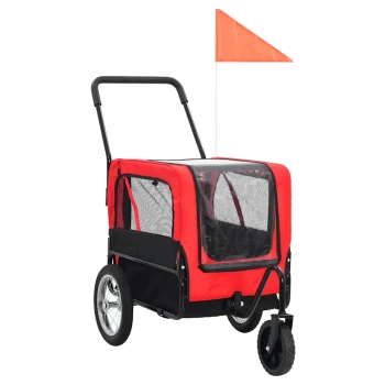 Roter Haustierwagen mit einem Netz vorne, schwarzen Akzenten und einer Sicherheitsflagge, entworfen für den komfortablen Transport kleiner Haustiere.