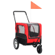 Roter Haustierwagen mit einem Netz vorne, schwarzen Akzenten und einer Sicherheitsflagge, entworfen für den komfortablen Transport kleiner Haustiere.