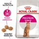 Royal Canin Protein Exigent cat food bag featuring a brown cat illustration, with text highlighting protein preference and adapted kibble size.
