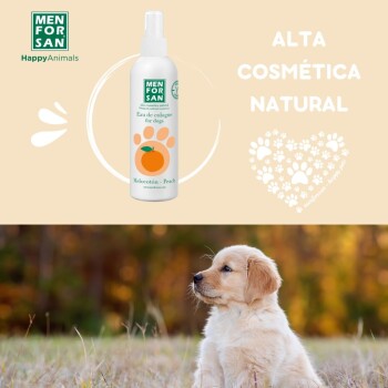 Flasche Men For San natürliche Cologne für Hunde, Pfirsichduft, mit einem Golden Retriever Welpen, der in einem grasbewachsenen Feld sitzt.