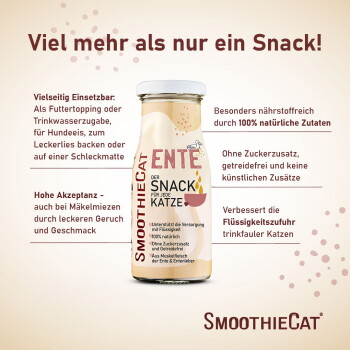 Glasflasche des SmoothieCat-'Ente'-Snacks, deutsche Werbeüberschrift 'Viel mehr als nur ein Snack!', Produktvorteile und '+30.000' sichtbar.